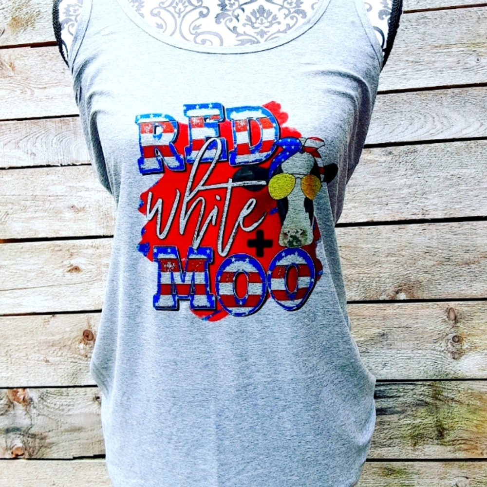 Red,white and moo 4th of July tank top